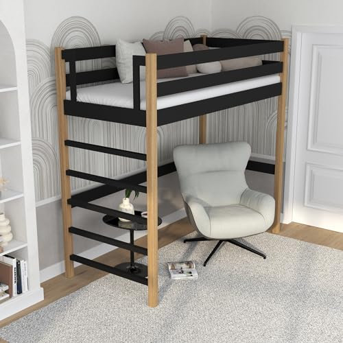 N-wood N01 Hochbett, Etagenbett 120x200 cm, aus Eichenholz, 2 Leitermontageseiten: Links oder rechts, sichere abgerundete Kanten, Stabile Massivholzkonstruktion, Hochwertige Materialien, Schwarzeiche