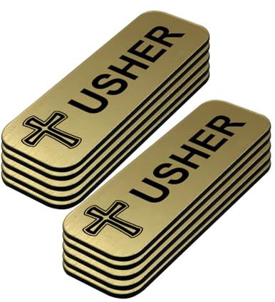 Usher 1 x 3 Name Tag/Badge, Brushed Gold, Cross Design (10 Pack)