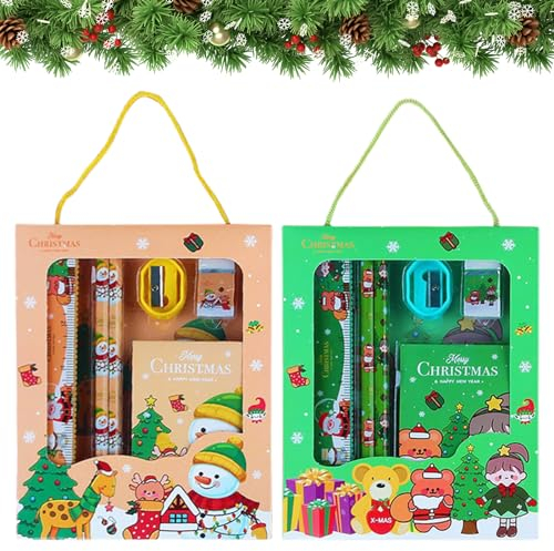 Zkaoai 12 Pezzi di Cancelleria, Set Regalo di Cancelleria Natalizia, Set Regalo con Gomma, Matita Natalizia, Righello, Taccuino, Temperamatite per Feste di Natale, Pensierini, Compleanno per Bambini