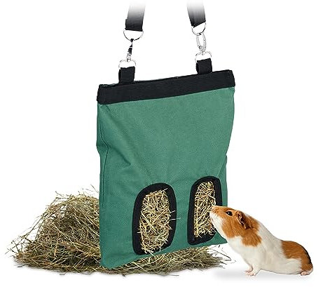 Relaxdays Heutasche für Kleintiere, aus Stoff, HxB 31 x 25 cm, für Kaninchen, Meerschweinchen, Hamster, grün/schwarz, 10% Metall 50% Polyester 40% Baumwolle