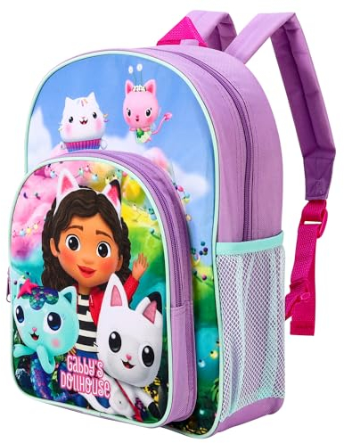 Gabby's Dollhouse Zaino per bambini di alta qualità, per la scuola, da viaggio, con tasca laterale in rete e tasca frontale con cerniera, Multicolore, 36.7cm (height), 26cm (width), 13cm (depth)