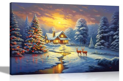 Artley Prints - Landhaus Weihnachtsbäume und Hirsche Leinwand-Kunstdrucke Ölgemälde Nachdruck gerahmt und fertig zum Aufhängen, 76 x 50 cm