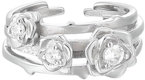 NicoWerk Damen Silberring Rose aus 925 Sterling Silber Blume Gewickelt Glänzend mit Stein Breit Verspielt Applikation Struktur Verstellbar SRI996