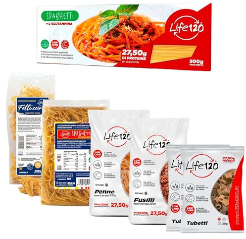 Life 120 - Super Box Pasta 30gg - Pasta Proteica Keto a tasso ridotto di Carboidrati Ricchi di Fibre e Alto Contenuto di Proteine - Fusulli, Penne, Fettuccine, Spaghetti da brodo, Spaghetti, 2 Tubetti