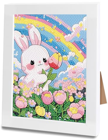 Wishstar Diamond Painting Kinder, Hase Diamant Painting Mit Holzrahmen, Diamond Painting Tiere Set für Erwachsene Kinder, Diamanten Malerei Anfänger für Ostern Dekorationen