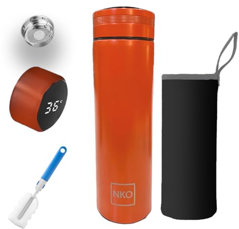 INKO NOUVELLE BOUTEILLE THERMOS INFUSEUR A THE ORANGE CAPTEUR LED 500 ML: Double paroi à affichage digital led I Gourde isotherme intélligente avec écran tactile I batterie interchangeable