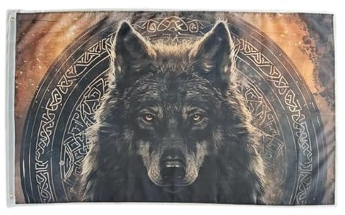 Pandiui23 Hausflagge, dekorative Hofflagge, Wolf, nordischer Wikinger-Runen-Druck, Willkommens-Hofflagge, hängende Rasendekoration, 90 x 150 cm