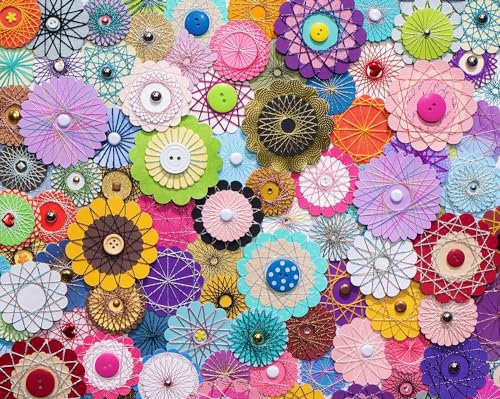 Springbok's Bloomin Buttons 1000 Piece Jigsaw Puzzle for Adults by Artist Linda Stewart Features a Photo of a Floral Composition Made from Buttons and Paper