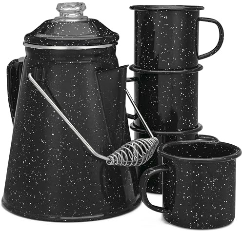 COLETTI Klassisches Emaille-Set Kaffee-Perkolator und -becher – die nostalgischste Camping-Kaffeekanne, jetzt modernisiert [schwarze Emaille, 12-Tassen-Perkolator-Kaffeekanne & Set mit 4 Tassen]