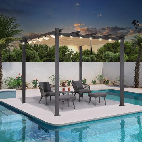 PURPLE LEAF Pergola avec Guirlande Lumineuse Exterieure Pergola Jardin Exterieur 3 x 3 m Tissu Teint en Fil, Pergola Aluminium Toit Rétractable, Kaki
