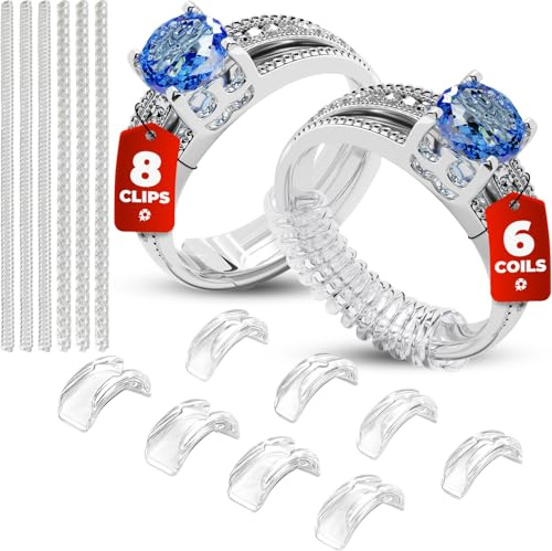 Ring Adjuster for Loose Rings - Ring Size Reducer, Guard, Holder - Spiral Silicone Tightener Set with Polishing Cloth - Ring Snuggies, Clips, Jewellery Making Accessories