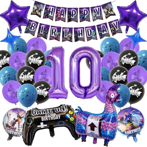 10 Years Old Party Birthday Decorations-Video Game Foil Balloon Game Theme Party Supplies 10th Birthday Banner Controller Foil Latex Balloons for Kids Boys Girl Gamer Deco