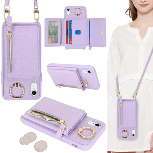 ELTEKER Coque pour iPhone XR Etui avec Cordon Collier Sangle réglable,Housse en Cuir avec Anneau Étui iPhone XR Portefeuille avec Porte Carte Pochette - Lilas