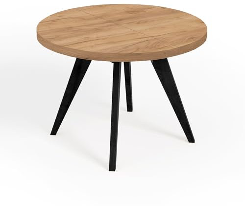 Dekori Möbel Runder Ausziehbarer Tisch für Esszimmer mit Holzbeinen, LORA, Loft-Stil, Skandinavische, Durchmesser Varianten: von 90 bis 220 cm (Eiche Craft Golden/Schwarz, Durchmesser: 90/140 cm)