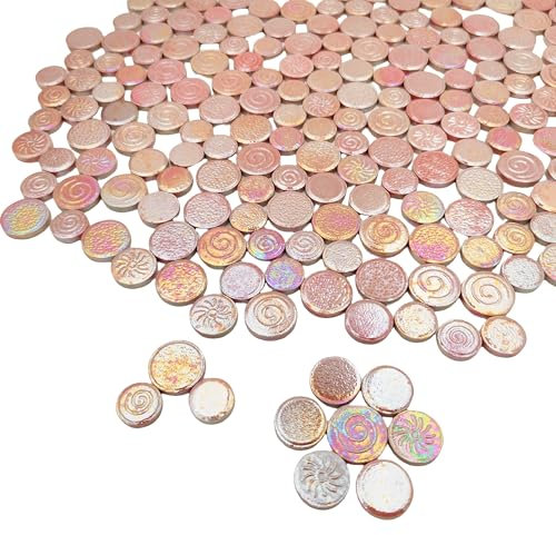 500 g gemischte 3 Größen, zufällige runde Keramik-Mosaikfliesen, kreative Keramik-Mosaikfliesen für Bastelplatten, Blumentöpfe, Vasen, Tassen, handgefertigte Heimdekoration (Regenbogen-Hellrosa)