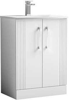 Balterley Vanity Unit with Basin Floor Standing, 2 Door Soft Close with Curve Sink and Handle, Bathroom Vanity Units with Basin, Partial Fluted Sink Cabinet - 610 x 440 x 840mm (White)