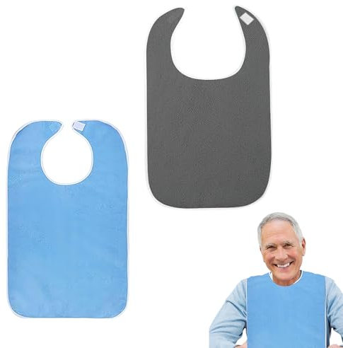 Katyjun 2 Stück Frottee Lätzchen für Erwachsene Senioren Waschbar, Mehrweg Wasserdichte Latz für Erwachsenen Groß(Blau+Grau)