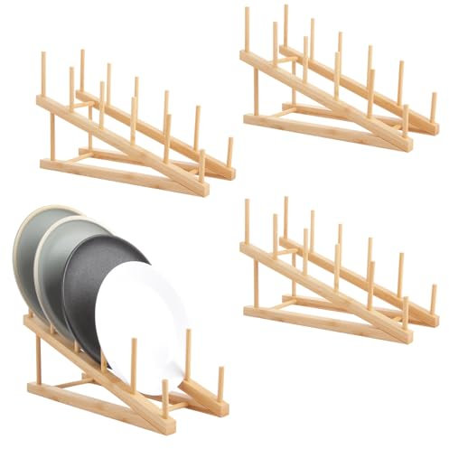 ZOFUN 4 Pcs Bamboo Dish Racks, 30 x 12 x 19 cm Plate Rack for Cupboard, Bmaboo Plate Racks with 5 Grids, Wooden Drying Rack for kitchen Cupboard, Plates, Bowls, Cups, Pot Lids, Chopping Boards