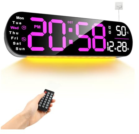 Large Digital Wall Clock 13.7’’ LED Wall Clock with Remote Control, 9 RGB Ambient Light, Auto Brightness, Date, Auto DST, 12/24h Mode, ℃/℉, Timer, Alarm Clocks USB Powered for Living Room Kitchen