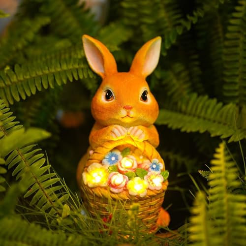 ACAREY Osterdeko Solar Gartendeko Für Draußen, Solar Ostern Hase mit Blumen & LED Lichter, Osterdeko Kaninchen Aus Harz Für Drinnen| Draußen, Geschenk Für Frauen, Mütter, Großmütter, Mädchen (Gelb)