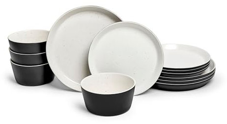 Sango Stockholm 12-teiliges Geschirrset aus Steingut, Schwarz/Weiß, Set für 4 Personen, Teller & Schüssel-Set, modernes Weiß mit schwarz gesprenkelter Glasur, für das tägliche Essen & Unterhaltung
