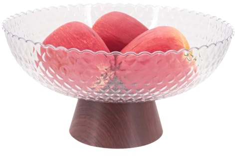 Yuhtech Fruit Bowl, Plastic Fruit Bowl, Wood Grain Decorative Pedestal Cup, Decorative Fruit Basket, Snacks Storage Tray, Snacks Tray with Removable Base and Drain Function (Transparent)