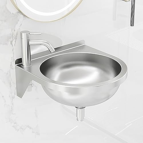 Lavandino Sospeso per Bagno, Lavello a Parete in Acciaio Inox a Una Vasca con Scolapiatti e Rubinetto, per Esterni, Interni, Garage, Lavanderia, Camper(White)