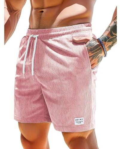 Jamron Homme Short en Velours Côtelé Été Taille Élastique Short de Sport Décontracté en Coton avec Poches