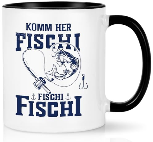 Joymaking Kaffeetasse Angler Geschenk für Männer Tasse mit Spruch - Komm Her Fischi Fischi Fischi - Lustige Geschenk für Angler Männer Angeln Geschenke, 320ml Schwarz