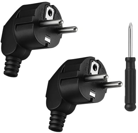 Stecker 230v, 2 Stücke Schuko Stecker mit Schraubendreher | Stromstecker 230V mit Knickschutztülle, Winkelstecker für 8-10mm Kabel IP20, Langlebig und Bruchfest, Schwarz