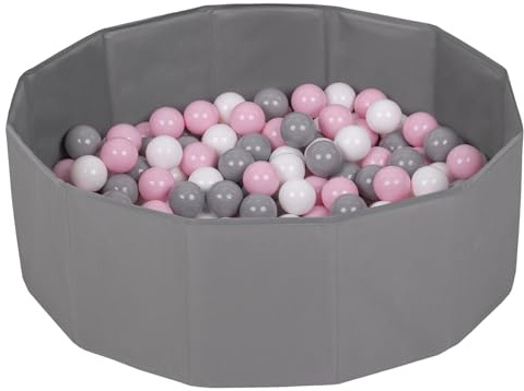 Selonis Piscine À Balles Multicolores Piscine Pliable 100 Balles pour Les Enfant, Gris: Blanc/Gris/Rose Poudré