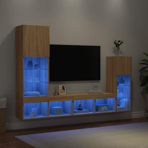 Teenpull 4-TLG. Wohnwand mit RGB-LED-Beleuchtung, Sonoma-Eiche Holzwerkstoff, Wandmontage, Stauraum für Wohnzimmer, Medien & Bücher