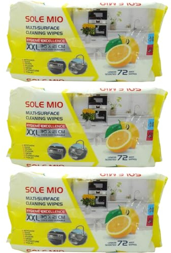 Sole Mio Multi-Surface Cleaning Wipes, XXL 30 x 21 cm, Lemon Scented, 72 Count, Thick and Durable, for Kitchen, Sink, Oven, Floor, Desk, Furniture, Toilet, Pack of 3