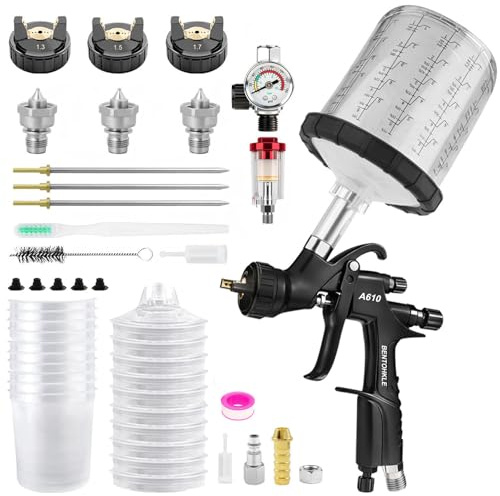 R500 LVLP Pistola a spruzzo ad aria con 10 contenitori monouso da 650 ml, Pistole a Spruzzo A610 per automobili, Spruzzatore per Verniciatura con 1,3/1,5/1,7 mm Ugelli (A610 con 10 vaschette vernice)