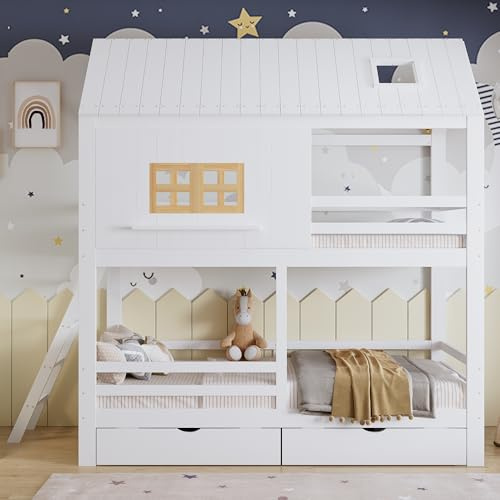 Merax Etagenbett 90x200 cm Kinderbett mit Dach und Fenster, Hochbett mit 2 Schubladen und Leiter, stabiles Kiefer Holz Bettgestell aus MDF und Sperrholz, Weiß Natur Stockbett ohne Matratze