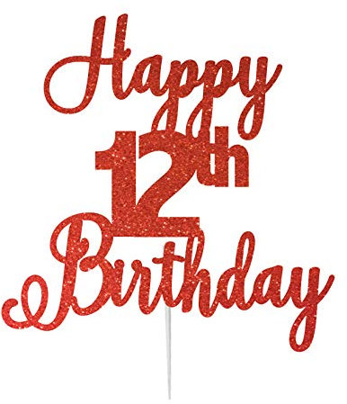 LissieLou Happy 12th Birthday Cake Topper in Pretty Glitter Card, Made in the UK - Red