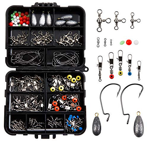 LIHAO 160pcs Kit d’Accessoires pour Pêche, Boîte de Pêche avec Hameçons, Perles, Émerillons, Bouchons, Connecteur