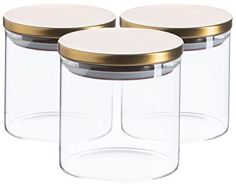 Argon Tableware Scandi Storage Jars with Metallic Gold Lids - 550ml - 3 Pack - Modern Round Organisation Container Glass Jar for Kitchens, Pantry, Bathrooms, Utility Rooms