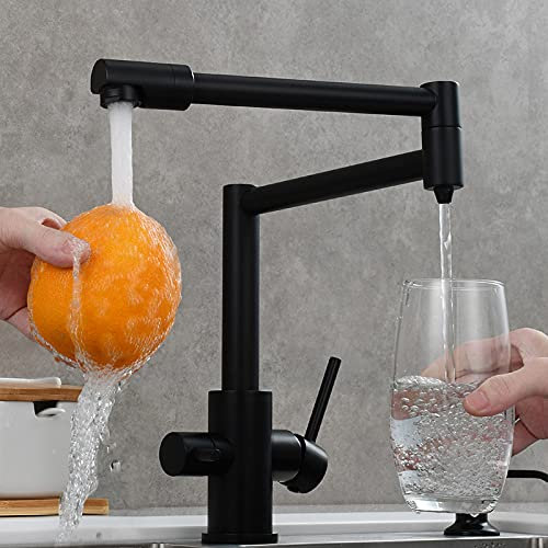 WPHH Rubinetto per Riempimento Pentole, Rubinetto da Cucina con Rubinetto per Acqua Potabile, Miscelatore Cucina Fredda E Calda A Doppia Maniglia con Doppio Braccio Oscillante,Nero,Short