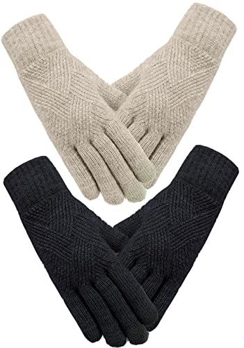 SATINIOR 2 Paar Damen Winterhandschuhe Gestrickte Touchscreen Finger Doppelschichtige Elastische Handschuhe (Schwarz, Khaki)