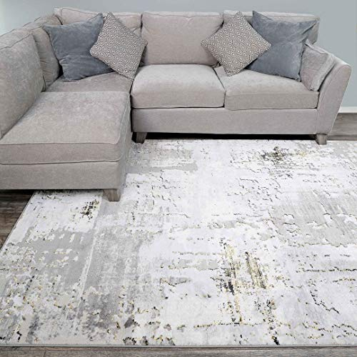 Designer Abstract Silver Grey Painterly Living Room Rug Gold Metallic Dense Super Soft Light Grey Lounge Bedroom Area Rugs 1240cm x 330cm