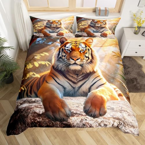 Loussiesd Tiger Bettwäsche Set Jungs Safari Tiger Bettbezug Set für Bett Kinder Jungen Wildtier Bettwäscheset 135x200cm Dschungel-Tiger Bettwäsche Jugendliche Weiche Mikrofaser mit 1 Kissenbezug