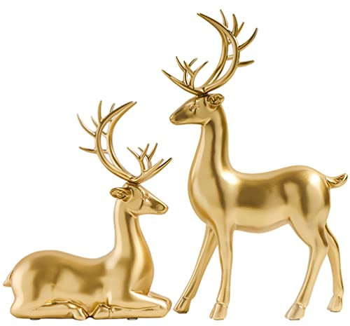Beavorty Goldene Weihnachts-Rentier-Figuren, Kunstharz, 2 Stück, Hirsch-Skulpturen, Mini-Weihnachtsfiguren, Tier-Tischdekoration für Zuhause, Wohnzimmer, Büro, Dekoration