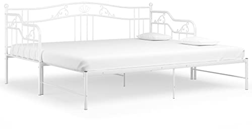 Hommdiy Ausziehsofa Bettgestell Ausziehbett Sofabett Tagesbett Schlafsofa Gästebett Bett Metallbett Bettsofa Sofa Couch Weiß Metall 90x200 cm
