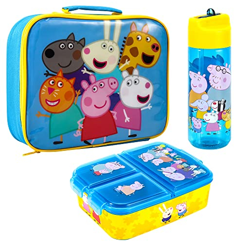 Zawadi Global Peppa Pig Kids Childrens Lunch Box Set – Insulated Lunch Bag, Multicompartment Lunch Box & 540ml Water Bottle - School Travel Lunch Food Set, BPA Free