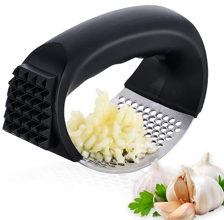 AEX Knoblauchpresse, Professioneller Knoblauchzerkleinerer, Edelstahl-Knoblauchzerkleinerer, Knoblauchschäler und Knoblauchwolf, Knoblauchpresse, einfach zu bedienen und zu reinigen (schwarz)