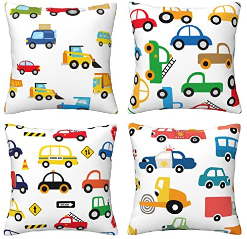 LOHDALOLF Kids Truck Cushion Covers 45x45 cm Set of 4 Vehicle Toy Cushion Cases Cartoon Car Decorative Pillow Covers for Kids Boys Room