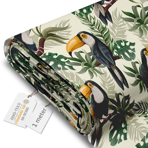 DreamRoots Markisenstoff Meterware, Toucans Jungle, 1 m | Oxford Segeltuch, wasserdicht, Polsterstoff, 220 g/m² 600D, 160 cm breit, wasserabweisend, für außen & Deko