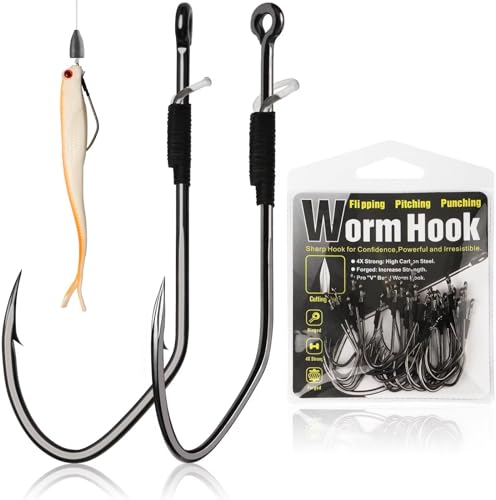 Dovesun Angelhaken Unkrautfreie Wurmhaken Texas-Rig Haken mit Köderhalter 30STK Professionelle V Wels Bass Angelhaken für Süßwasser Salzwasser 2/0