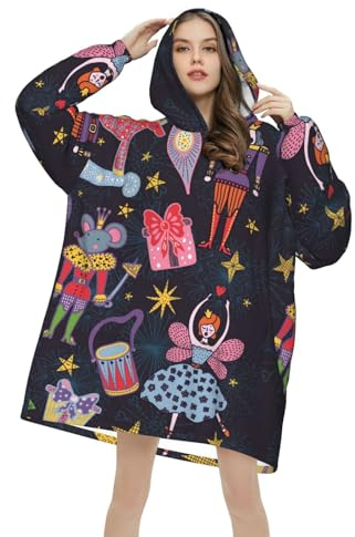 Nussknacker Weihnachten Pferd Maus Decke Hoodie Tragbare Decke mit Kapuze Bequeme Decke Sweatshirt für Männer Frauen Teenager, mehrfarbig, 320g flannel